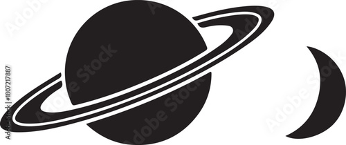 black silhouette of planet and moon on white background, vector