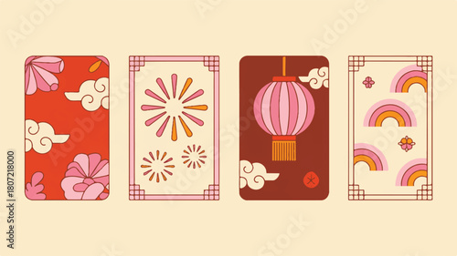 A delightful set of four minimalist graphic designs celebrating Chinese festive traditions and cultural symbolism