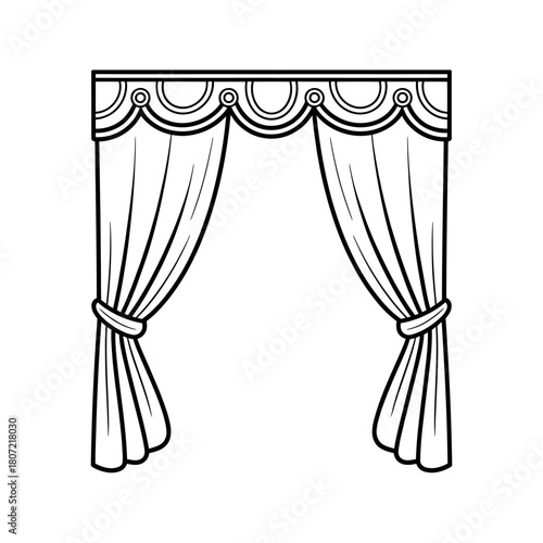 Elegant Curtains with Decorative Valance Line Art Illustration Black and White Interior Decor Home Design Drawing