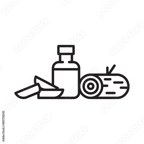 Sandalwood oil bottle with wood slices and log icon