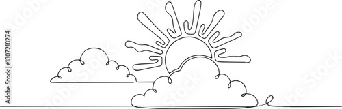 Sun peaking through clouds, line art, weather forecast icon, sunshine.Single line art 