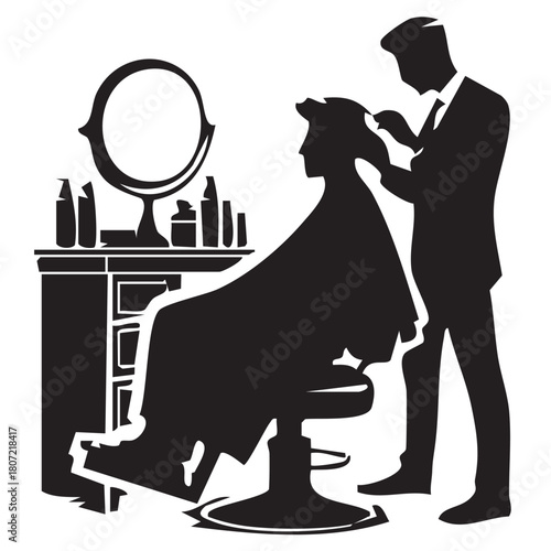 Hair Salon Silhouette Vector — Black Illustration of Hairstylist Styling Client at Vanity with Tools and Mirror