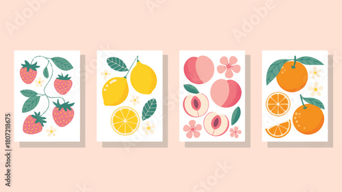 A delightful set of four minimalist fruit illustrations featuring strawberries, lemons, peaches, and oranges, perfect for graphic design and branding