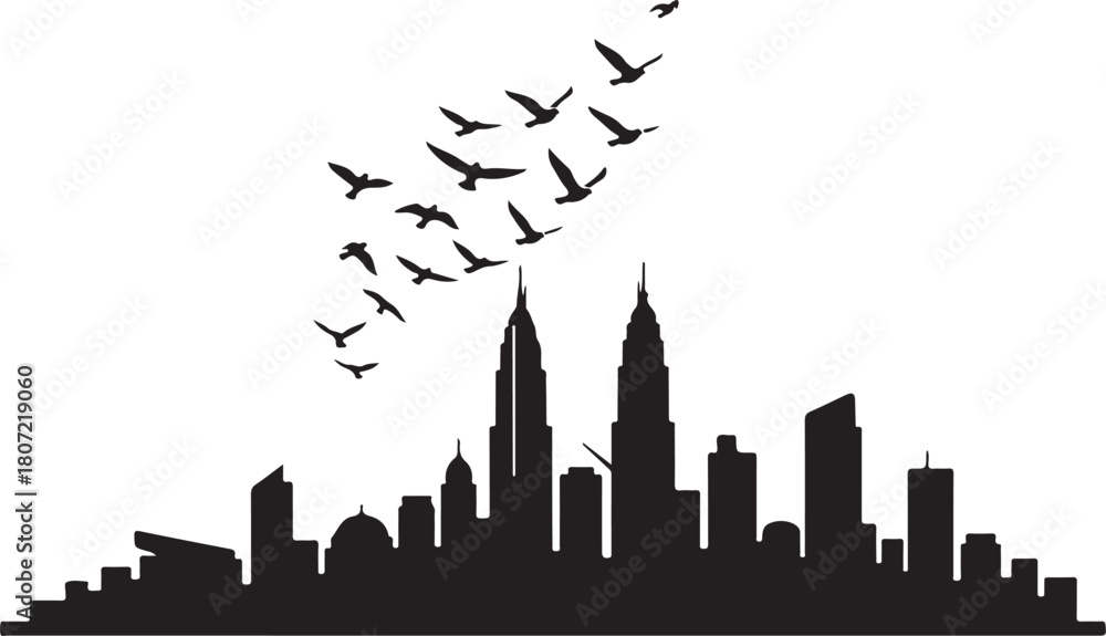 Fototapeta premium black silhouette of skyline with birds on white background, vector