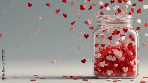 Colorful heart-shaped candies spilling from an open jar creating a festive and joyful atmosphere for celebrations or romantic occasions