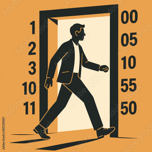 Silhouette of a man walking through an open door with clock numbers in a retro style