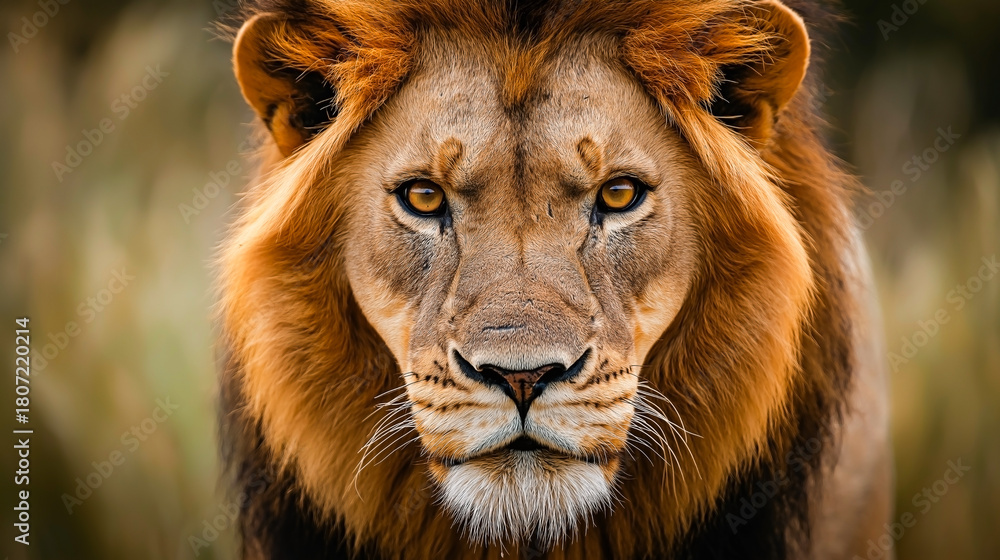 Fototapeta premium Powerful close-up portrait of a majestic male lion staring intensely at the camera — detailed wildlife photography highlighting mane texture, eyes, and natural expression.