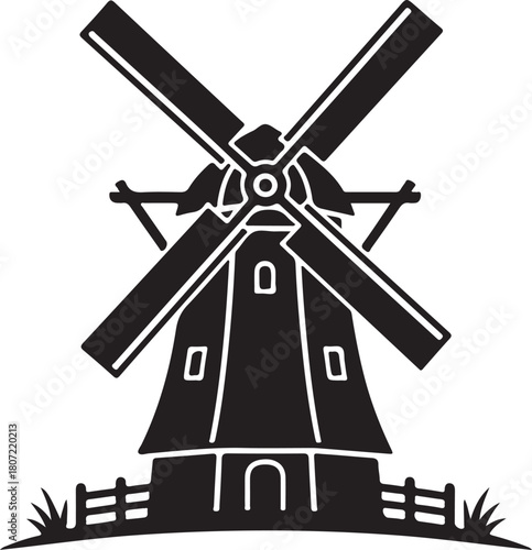 black silhouette of windmill on white background, vector