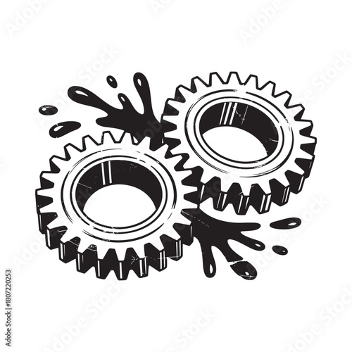 Two interlocking gears with splashing liquid