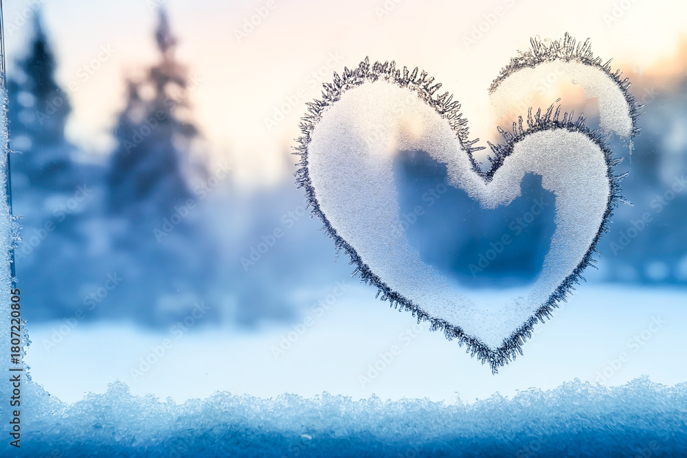 Fototapeta premium Romantic frosted heart shape on a cold winter window with soft morning sunlight glowing through the blurry snowy landscape in the background.