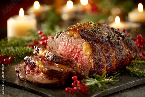 Prime rib roast glistening with golden-brown glaze, surrounded by fresh herbs, red berries. Concept of cozy festive atmosphere with herb-crusted juicy beef roast.