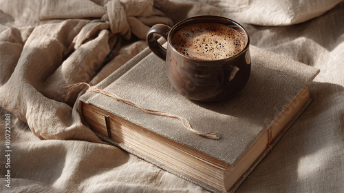 A cozy scene of a cup of coffee resting on a vintage book, hinting at a moment of relaxation and contemplation