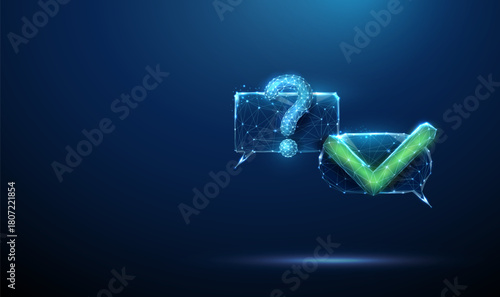 Futuristic chat bubbles with question mark and green check mark. Inquiry, problem resolution, communication workflow, AI-assisted support, verified responses concept.