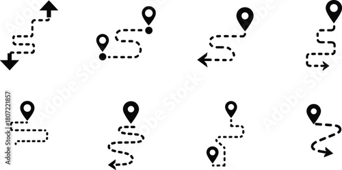 Navigation routes and map location pins icon set. gps tracking path symbols. Vector