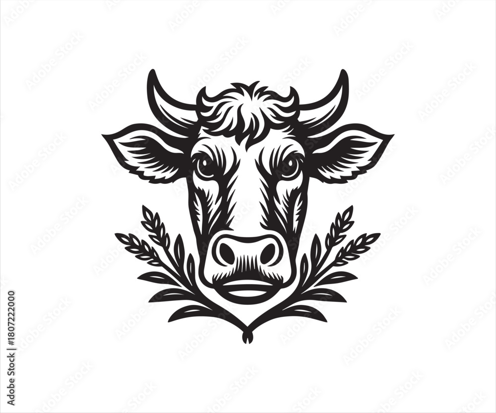 Obraz premium Vintage cow head emblem with wheat branches in detailed black and white engraving vector