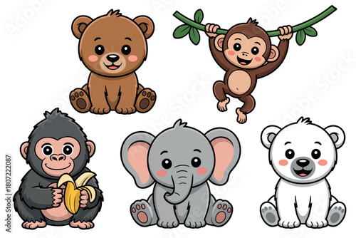 Adorable cartoon animals including a bear, monkey, gorilla, elephant, and polar bear.