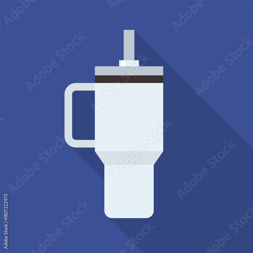 Flat Vector Travel Tumbler with Handle in Minimal Long Shadow Style on Blue Background