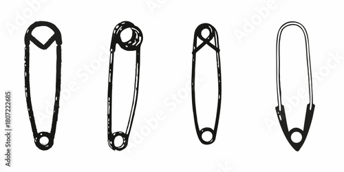 Hand drawn safety pins set different styles black and white illustration
