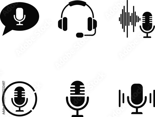 Audio communication and voice recording icons set with microphone and headset Vector