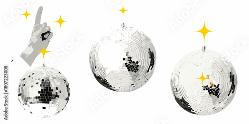 Disco balls and pointing hand with stars on white background