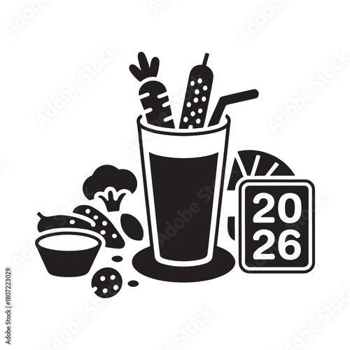 Healthy vegetable juice with fresh ingredients and year 2026