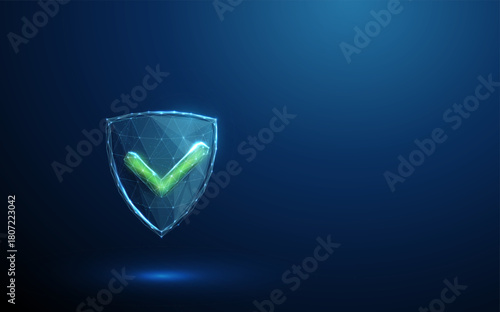 3D blue shield with a green check mark. Security protection, safety approval, verified status, trusted access, certified confirmation concept.