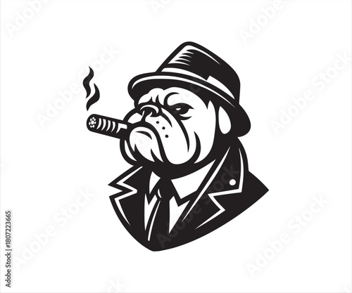 Bulldog Character Silhouette in Suit with Cigar – Tough Dog Mascot Vector Illustration