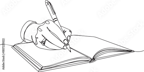 Single line art of a hand writing in an open book or notebook with a pen. Education/notes.