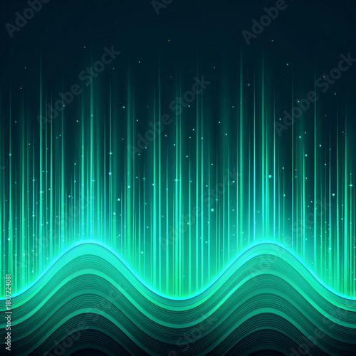 Abstract teal and green aurora borealis effect with wavy lines and sparkling light particles background