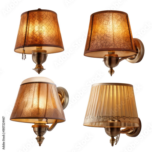 Four antique sconces, varied shades and warm light