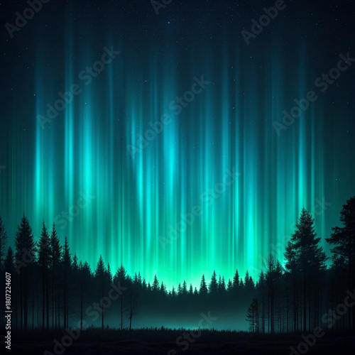 A mesmerizing display of aurora borealis over a dark forest with a starry night sky above the scene