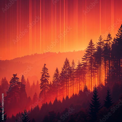A tranquil forest scene with tall trees silhouetted against a vibrant orange and red sky at sunset