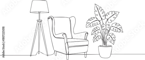 Line art of a comfortable armchair, floor lamp, and houseplant. Minimalist living room decor.
