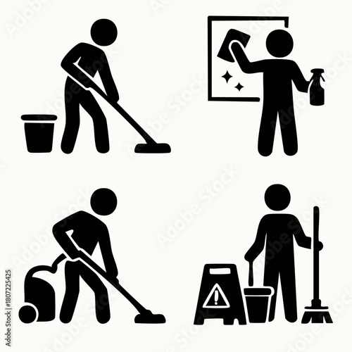 Monochromatic Line Art Icon Set for Cleaning and Sanitation