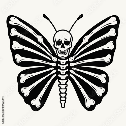 A haunting monochromatic vector illustration combining skeletal elements with butterfly wings