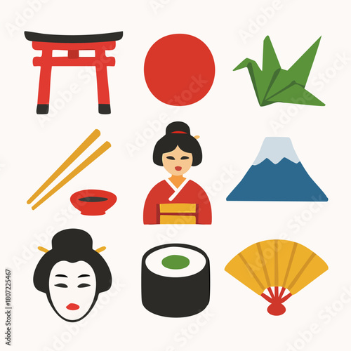 Traditional Japanese Culture and Cuisine Icon Set