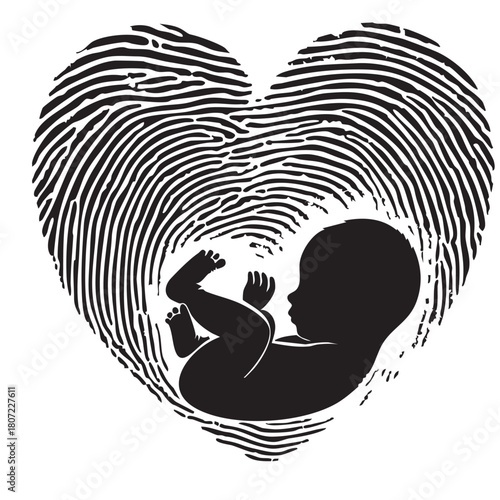 Fetus in Fingerprint Heart Vector — Black Silhouette Symbolizing Life, Identity, and Human Uniqueness in Emotional Design