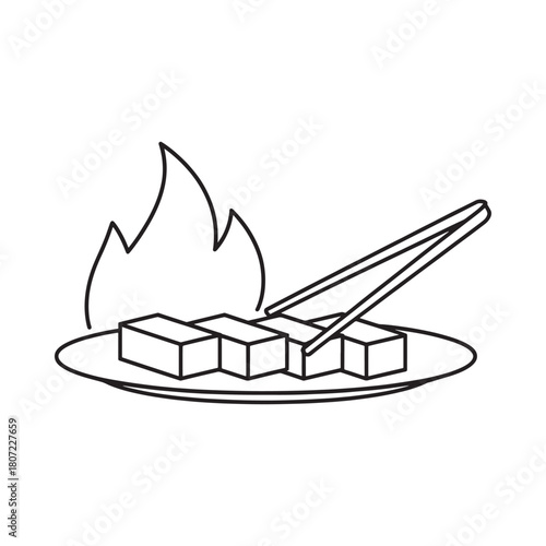 Barbecue skewers being cooked over flames with tongs