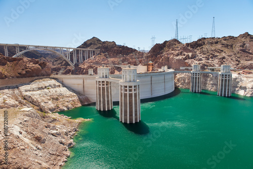 Intake tower and pedestrian bridge at Hoover Dam and Lake Mead. 