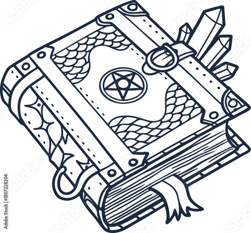 Ancient magical book with pentagram and crystals fantasy spellbook, leather cover, occult symbol illustration