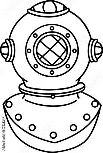 Vintage diving helmet outline retro marine equipment, underwater explorer suit, steampunk scuba gear illustration