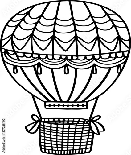 Hot air balloon outline with patterned canopy and basket, whimsical travel illustration for coloring or decor