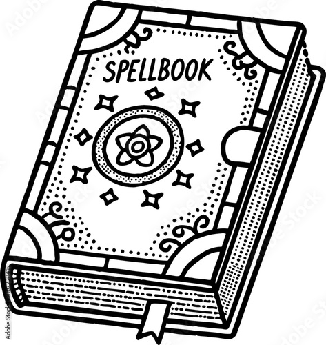 Magic spellbook with mystical symbols and ornate cover enchanted ancient book, wizard witchcraft object illustration