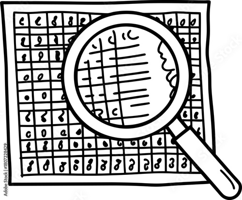 Magnifying glass examining data table with numbers exploration, analysis, search and research concept illustration