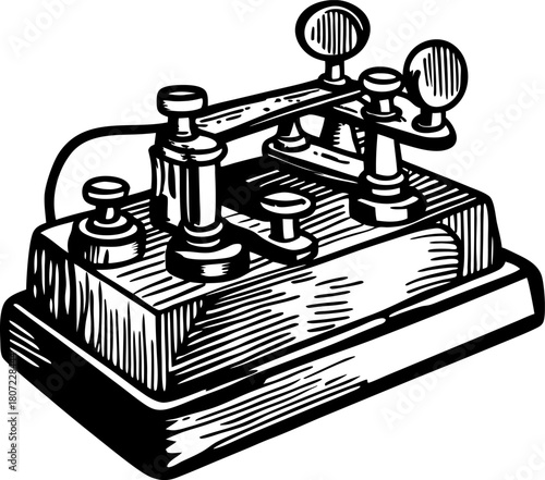 Vintage telegraph machine illustration retro communication technology, antique morse code transmitter, black and white sketch