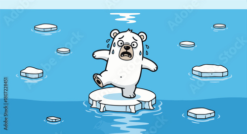 A scared cartoon polar bear stands on a tiny melting ice floe in the blue ocean, surrounded by other small ice pieces, illustrating climate change.