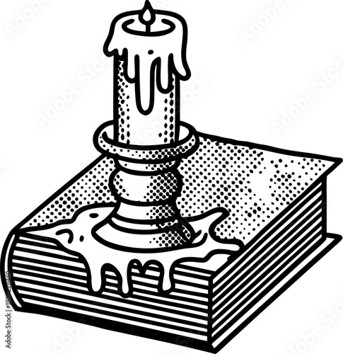 Vintage candle on closed book with melted wax hand drawn black and white illustration, antique literary concept