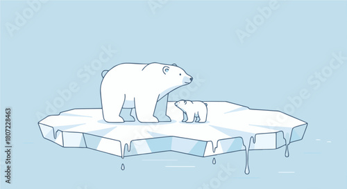 A mother polar bear and her cub stand on a melting ice floe, symbolizing climate change and its impact on arctic wildlife.