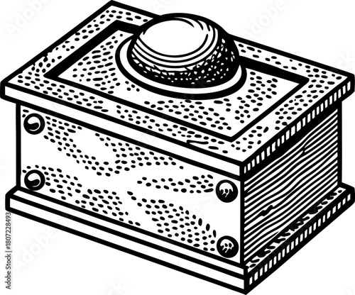 Vintage mechanical push button on wooden box, old fashioned electric switch device, retro illustration