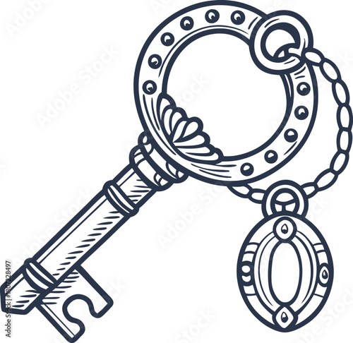 Vintage ornate key with decorative round keychain retro antique metal skeleton key, engraving illustration